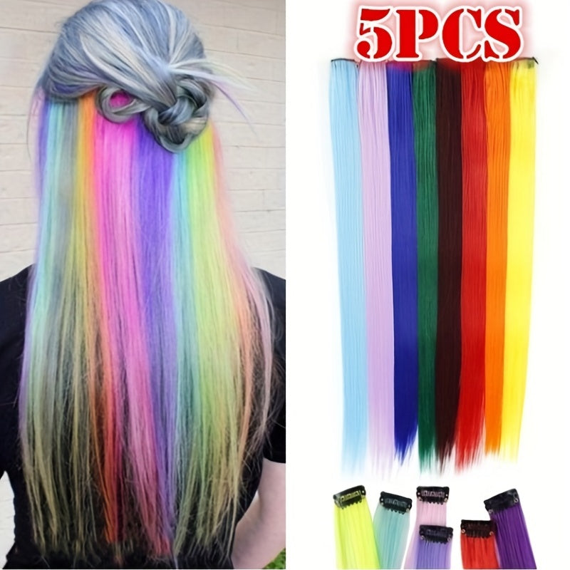 5Pcs Colorful Hair Extensions Clip In Highlight Rainbow Hair Y2K Synthetic Party