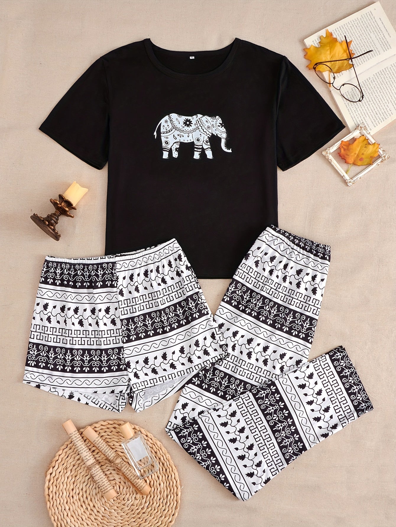 Elephant Print Pajamas Set Short Sleeve Crew Neck Top & Shorts & Pants