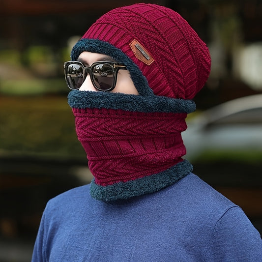 Winter Warm Hat & Neck Scarf Set Thick Knitted Beanie Velvet Lined Hats