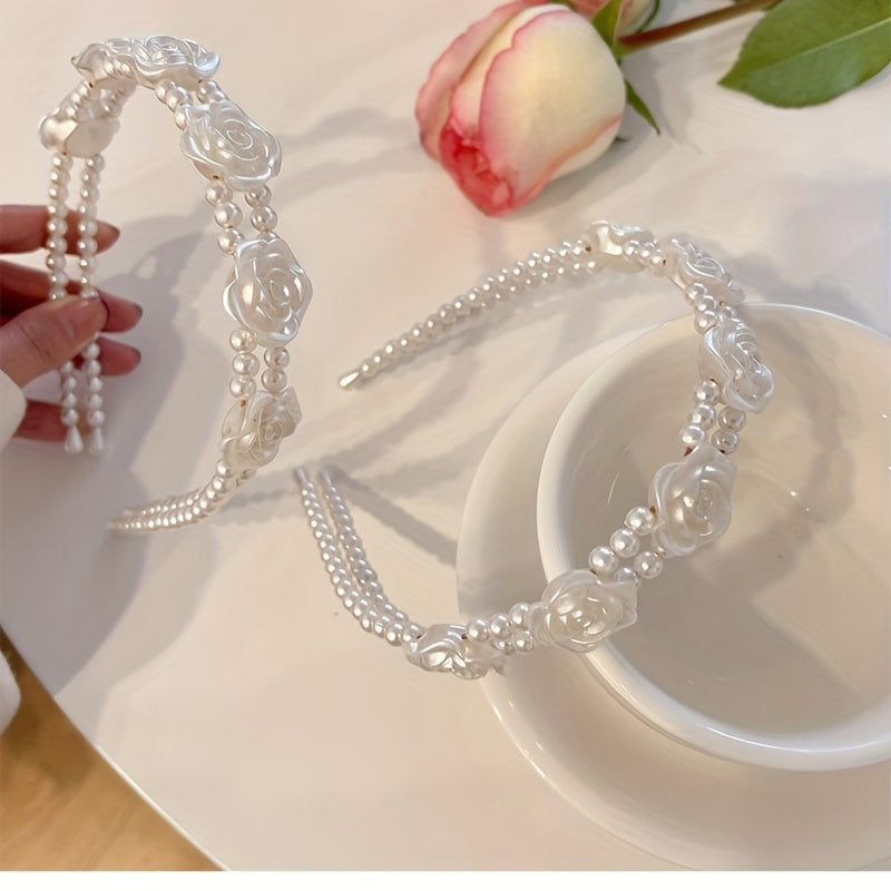 Faux Pearl Hair Band Resin Flower Headband Double Layered Headdress