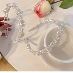Faux Pearl Hair Band Resin Flower Headband Double Layered Headdress
