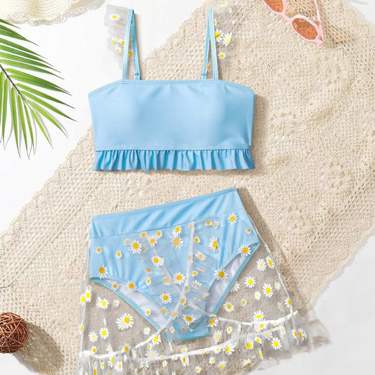 Toddler Girls Floral Mesh Bikini Swimsuit Ruffle Trim Bathing Suit