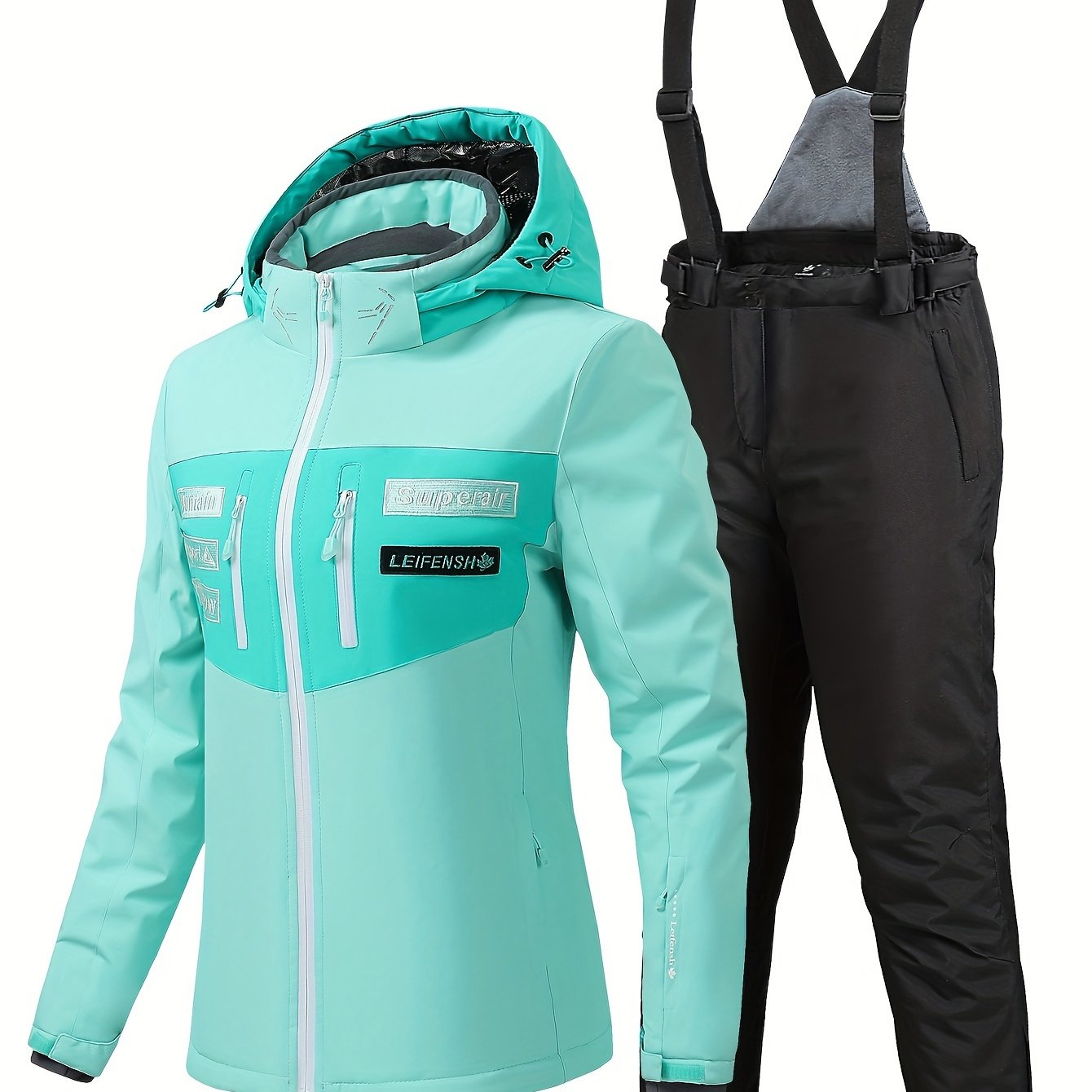 Letter Pattern Ski Set Zip Pocket Hooded Jacket & Suspender Trouser Suit