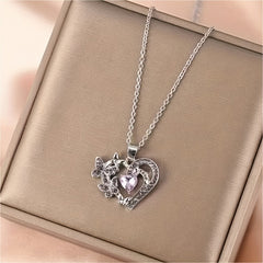 Glitter Purple Silver Heart Butterfly Pendant Necklace