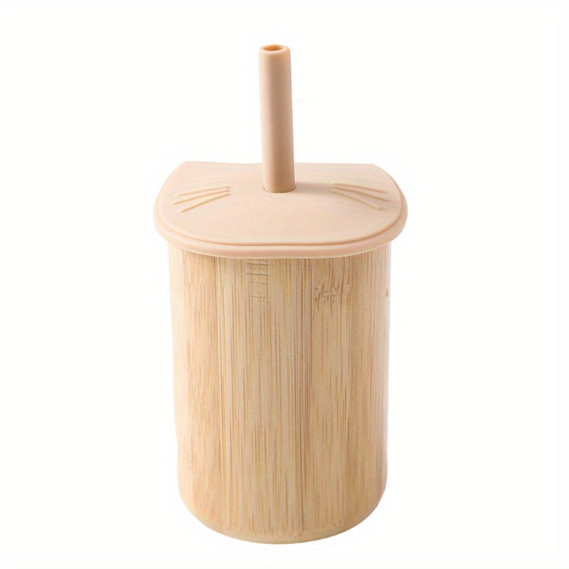 Cat Bamboo Wooden Cup With Silicone Lid - Baby Learning To Drink Cup