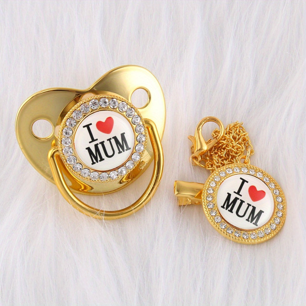 Artificial Diamond I Love Mom Pacifier Chain Clip