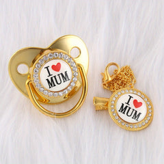 Artificial Diamond I Love Mom Pacifier Chain Clip