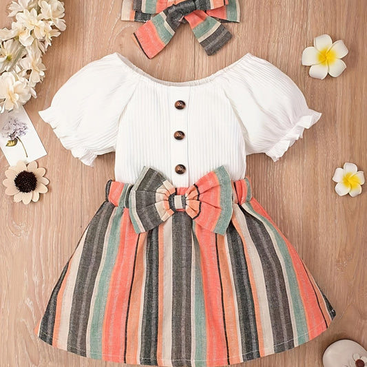 2pcs Baby Girls Striped Bowknot Short Sleeve Dress & Headband Set