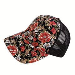 Red Flower Print Trucker Hat Breathable Sunscreen Dad Cap