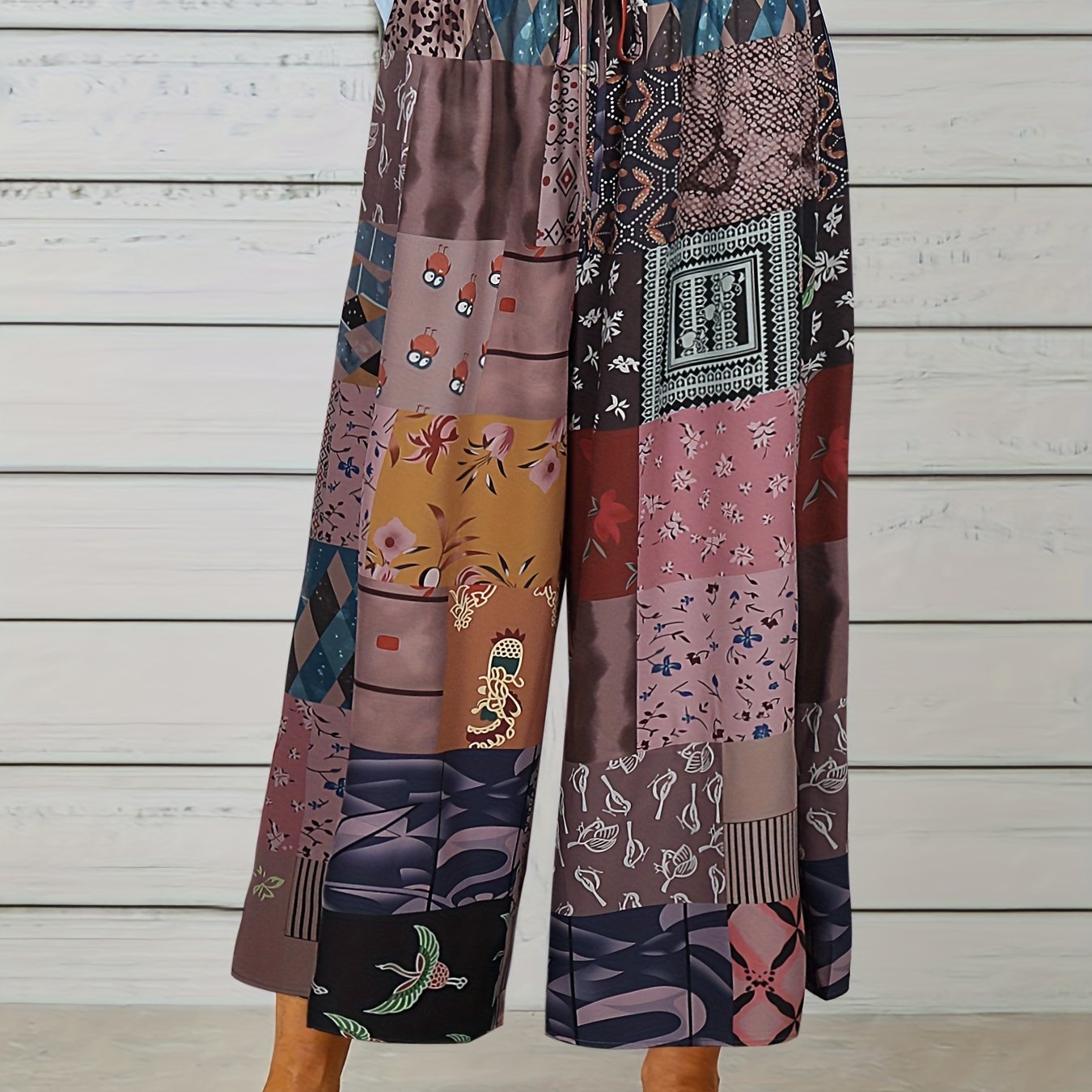  Colorblock Floral Print Wide Leg Pants
