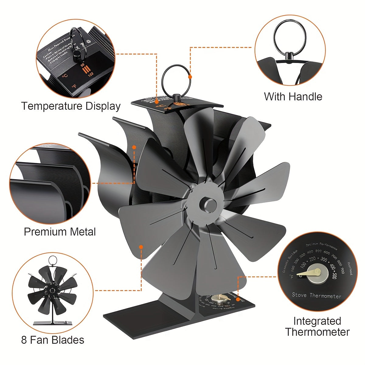 Fireplace Fan 8 Blades with Base Thermometer
