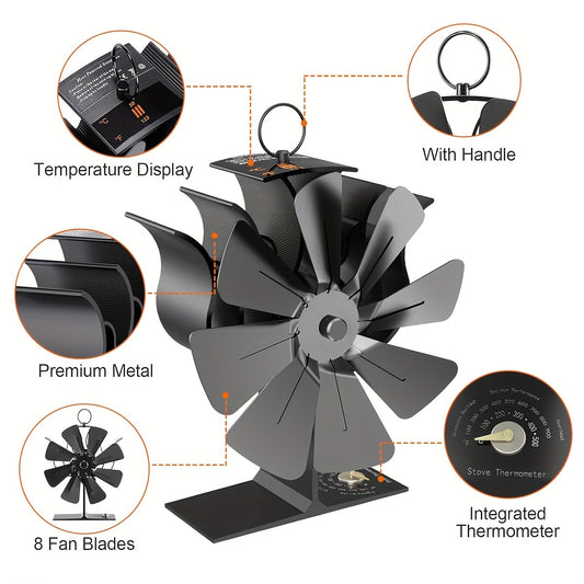 Fireplace Fan 8 Blades with Base Thermometer