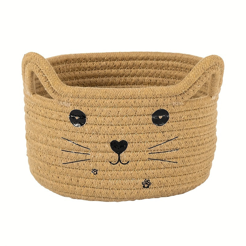 Cat Rattan Woven Cotton Fabric Storage Basket Desktop Debris Sorting Box