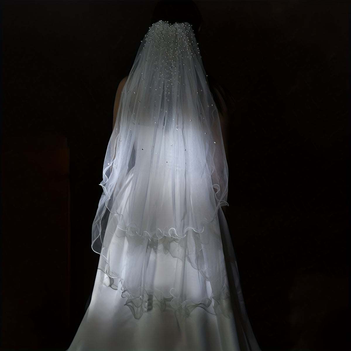 Double Layer Bridal Veil with Faux Pearls & Wavy Edge 1 Meter Long