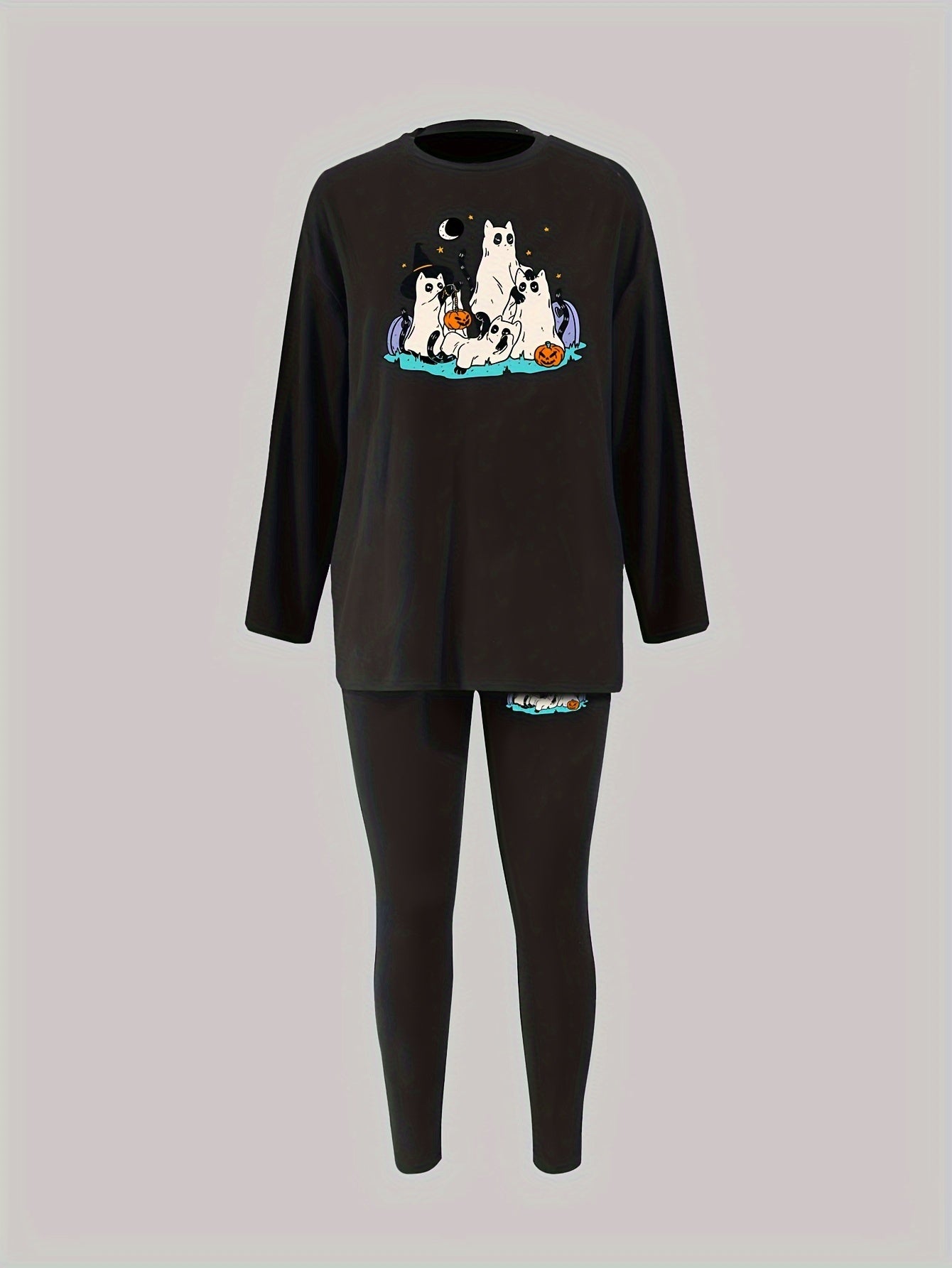 Ghost Cat Print PJ Set Women's Halloween Tee & Legging
