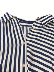 Striped Puff Sleeve Button Up Collar Shirt Dress