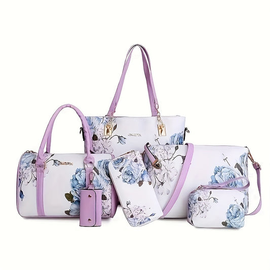 6pcs Floral Print Tote Bag Women Shoulder Handbag Crossbody Wallet Purse