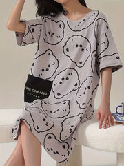 Bear Print NightDress Short Sleeve Pajama Dress