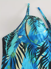  Tropical Print Halter One Piece Swimsuit