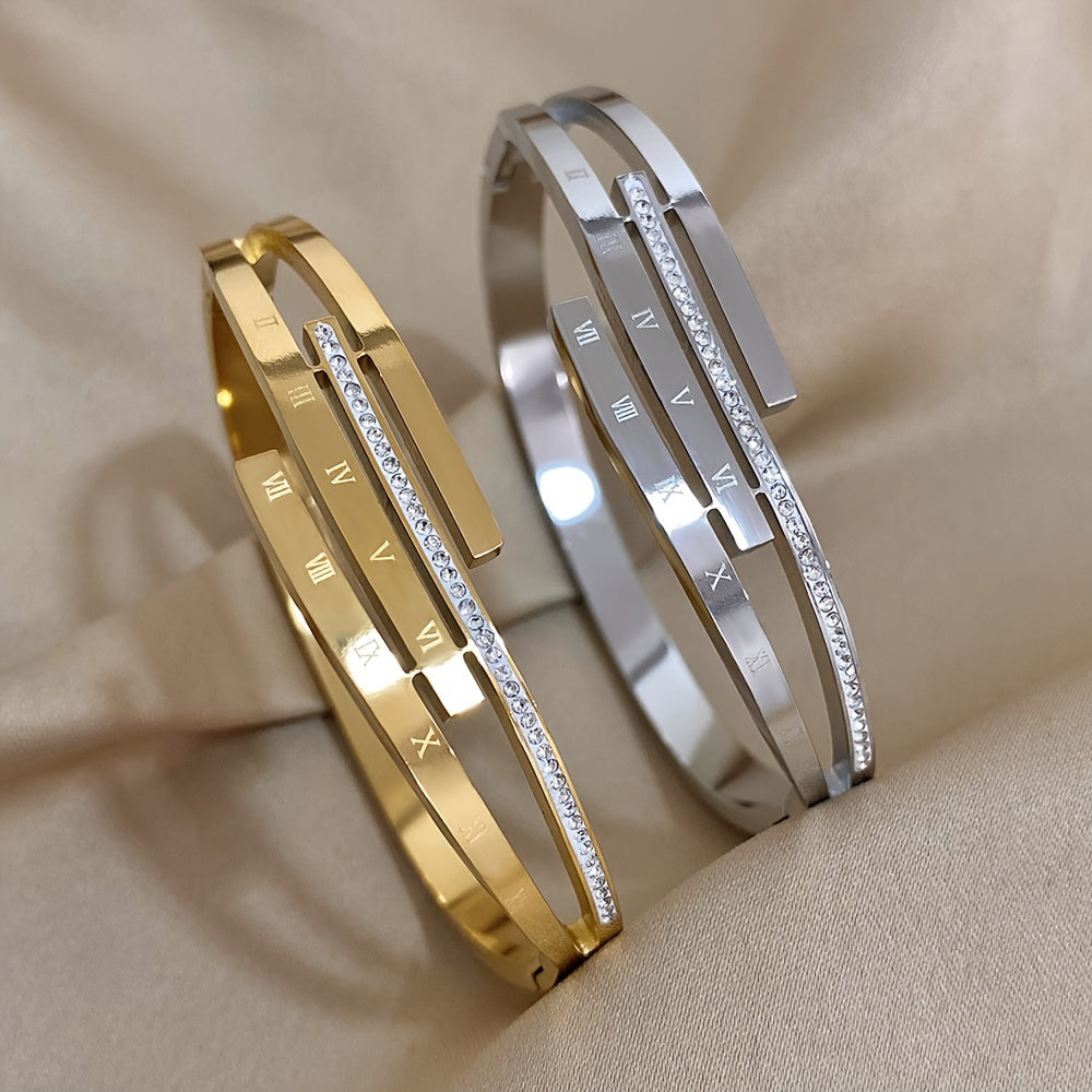 Stainless Steel Bangle Rhinestone Roman Numerals Men's Jewelry