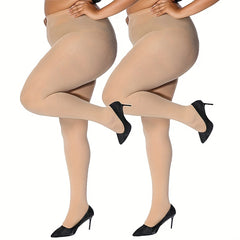 2 Pairs Plus Size Casual Pantyhose Set Women's Plus Elastic Control Top Tights