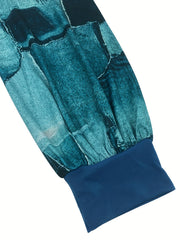  Colorblock Denim Print Lantern Sleeve Top & Pants Set