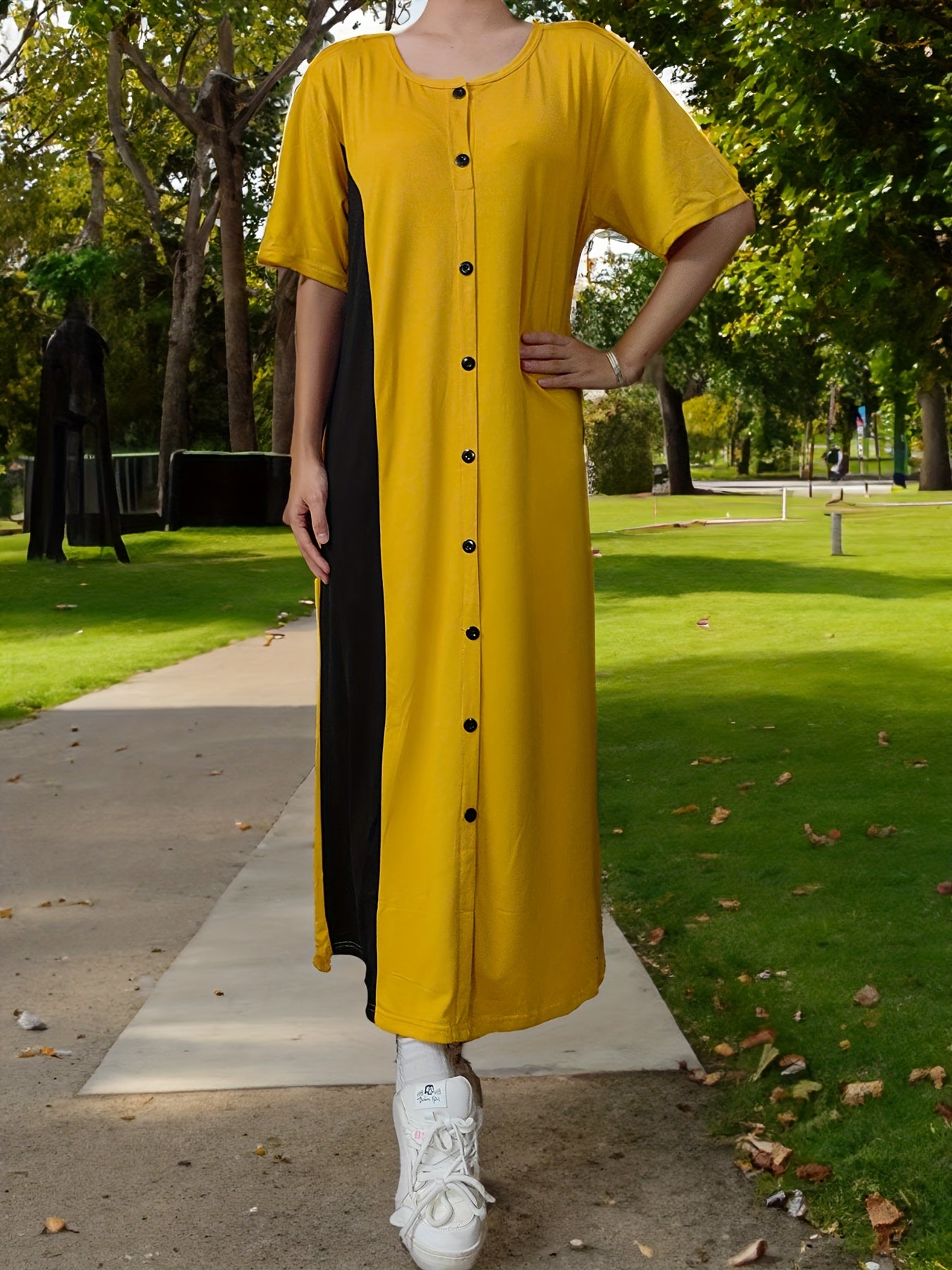  Colorblock Abaya Dress Short Sleeve Maxi Dress