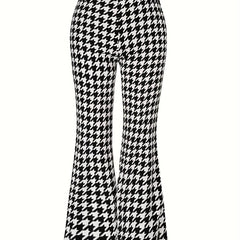  Houndstooth Print High Rise Flared Leg Trousers