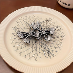 Rhinestone Bow Hair Clip with Yarn - Updo Hair Accessory