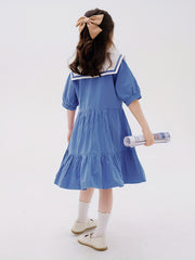 Girl's Navy Princess Dress Cotton Short Sleeve for Summer