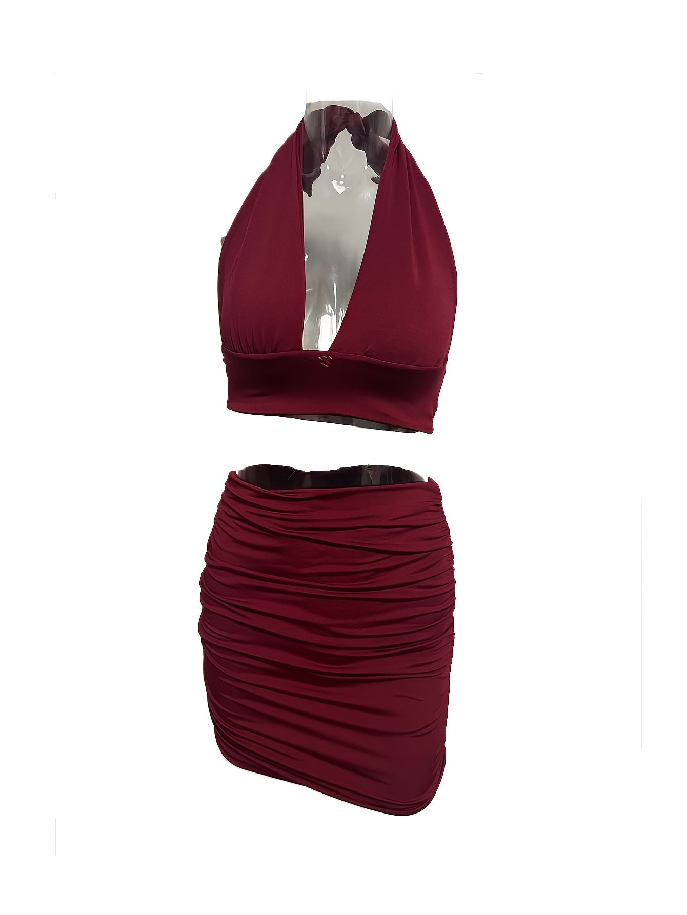 Solid Matching Two piece Skirt Set Crop Halter Top & Ruched Skirt