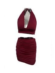 Solid Matching Two piece Skirt Set Crop Halter Top & Ruched Skirt