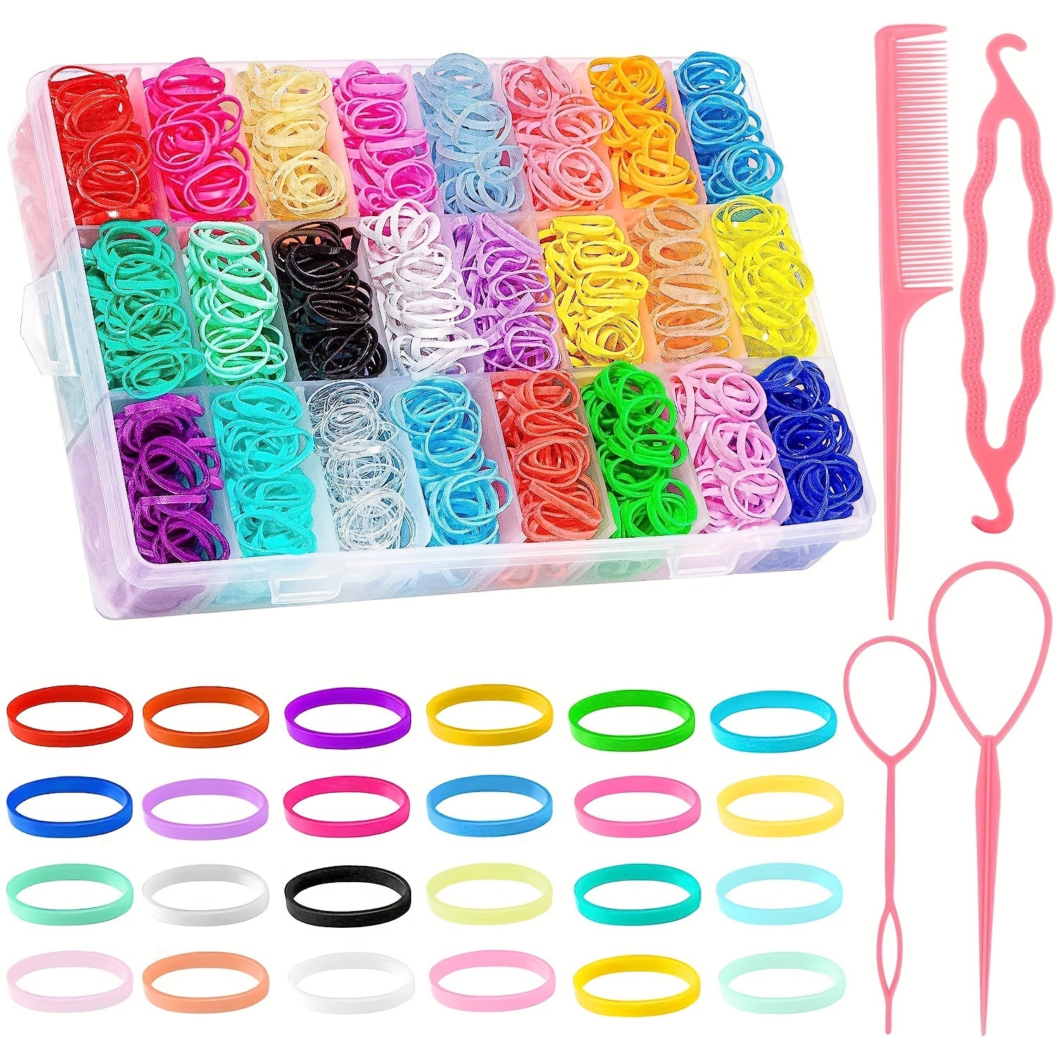 2000 Mini Elastic Hair Ties w/ Hair Loop Tools in Organizer