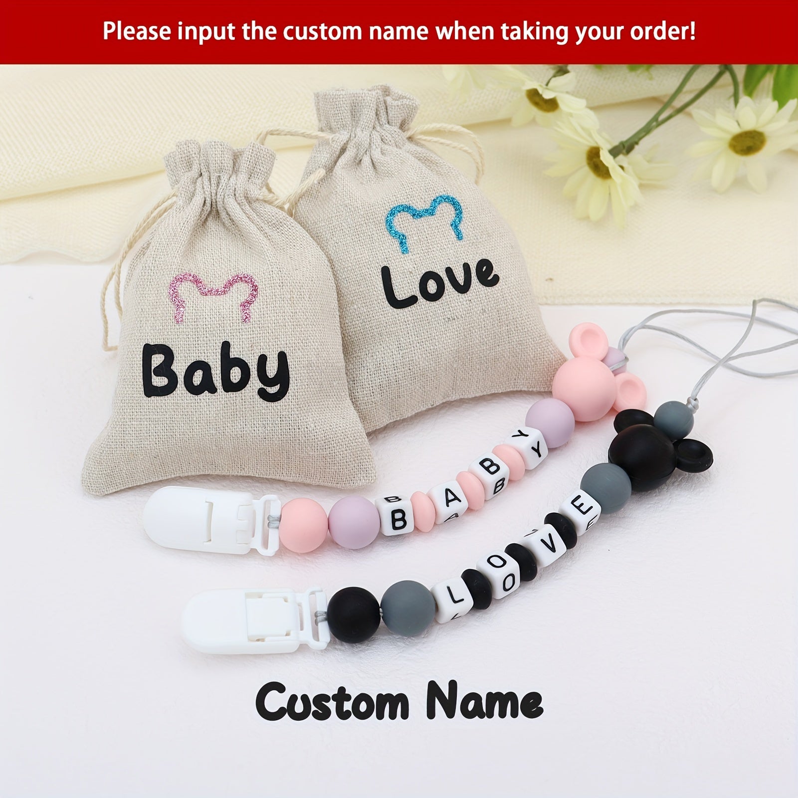 2pcs Personalized Pacifier Clip Customized Chain Silicone Teething Holder Gift