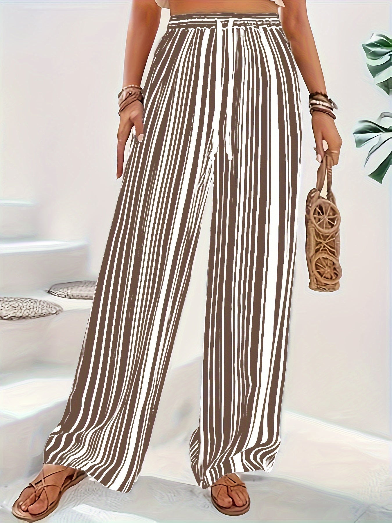  Stripe Print Wide Leg Drawstring Pants