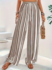  Stripe Print Wide Leg Drawstring Pants