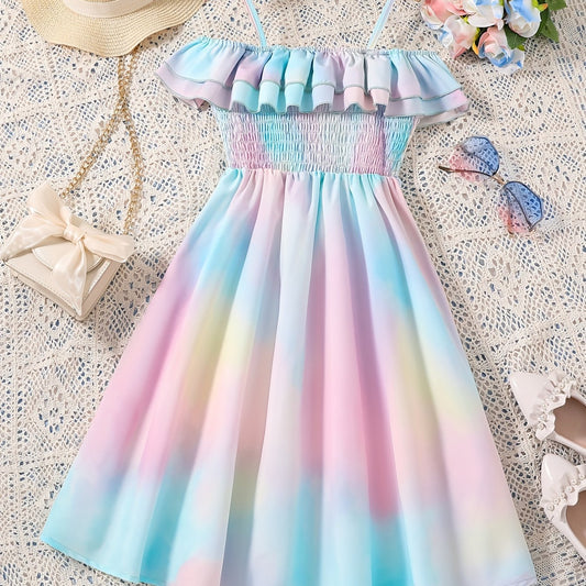 Toddlr Grls Ruffle Trim Cold Shldr Tie Dye Princess Dress
