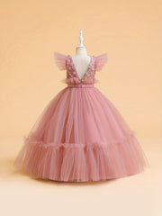 Girls Princess Tulle Formal Dress Flying Sleeve Costume