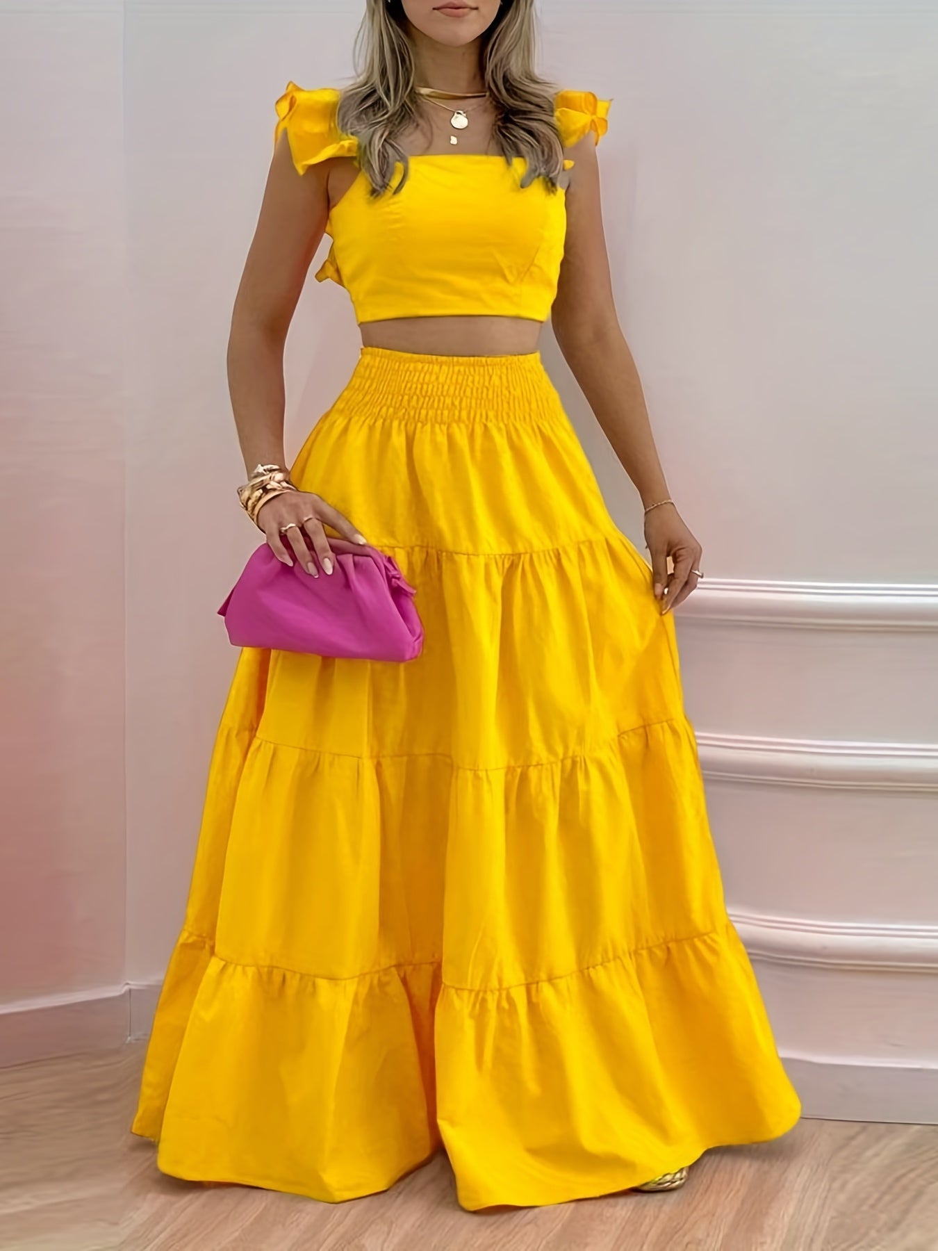 Women's Solid Tight Top & Swing Skirt Set