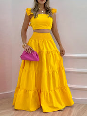 Women's Solid Tight Top & Swing Skirt Set
