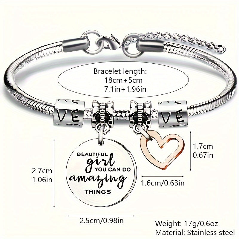 Love Heart Pendant Bangle Bracelet Stainless Steel Jewelry