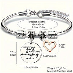 Love Heart Pendant Bangle Bracelet Stainless Steel Jewelry