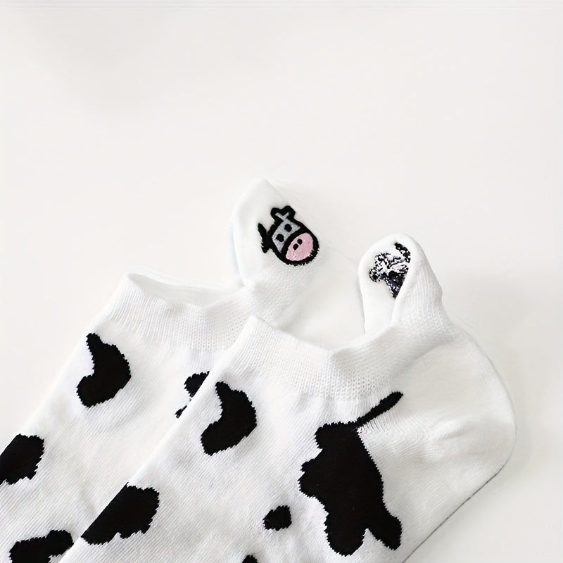 5 Pairs Cartoon Cow Print Socks & Lightweight Ankle Socks Women's Stockings