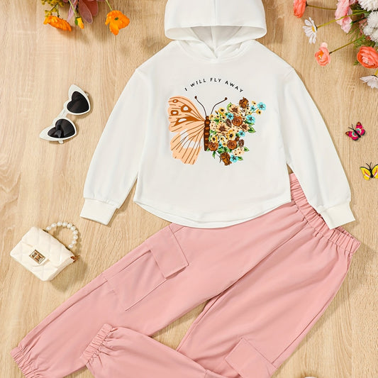 Girls Butterfly Print Hoodie Sweatshirt & Pants Set Spring Fall