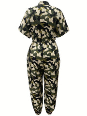  Camo Print Button Up Jumpsuit with Belt