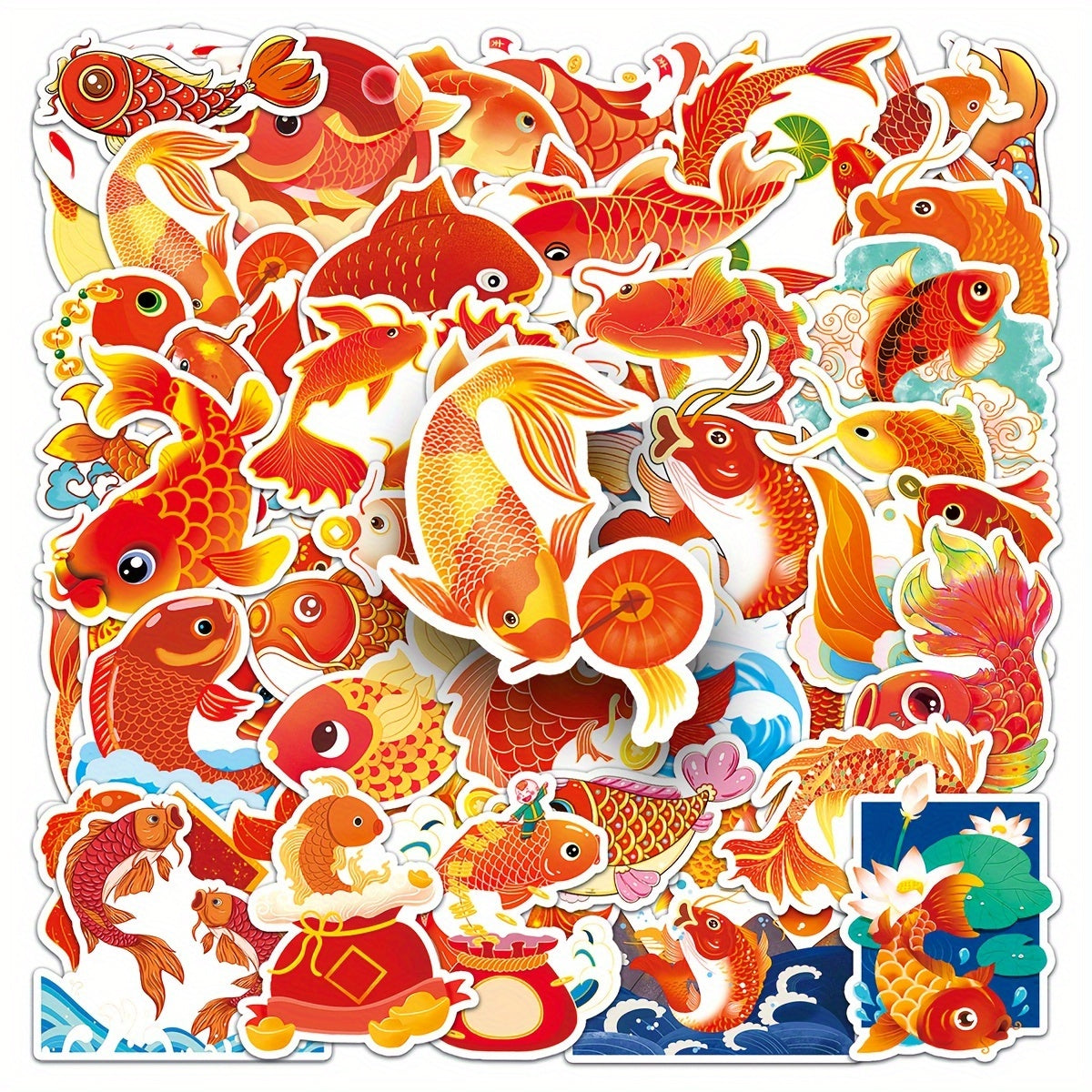 50pcs Koi Cartoon Animal Hand-painted Stickers For Journal Water Cup Skateboard