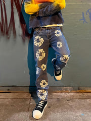 Men's Floral Pattern Loose Fit Jeans Street Style Denim Pants