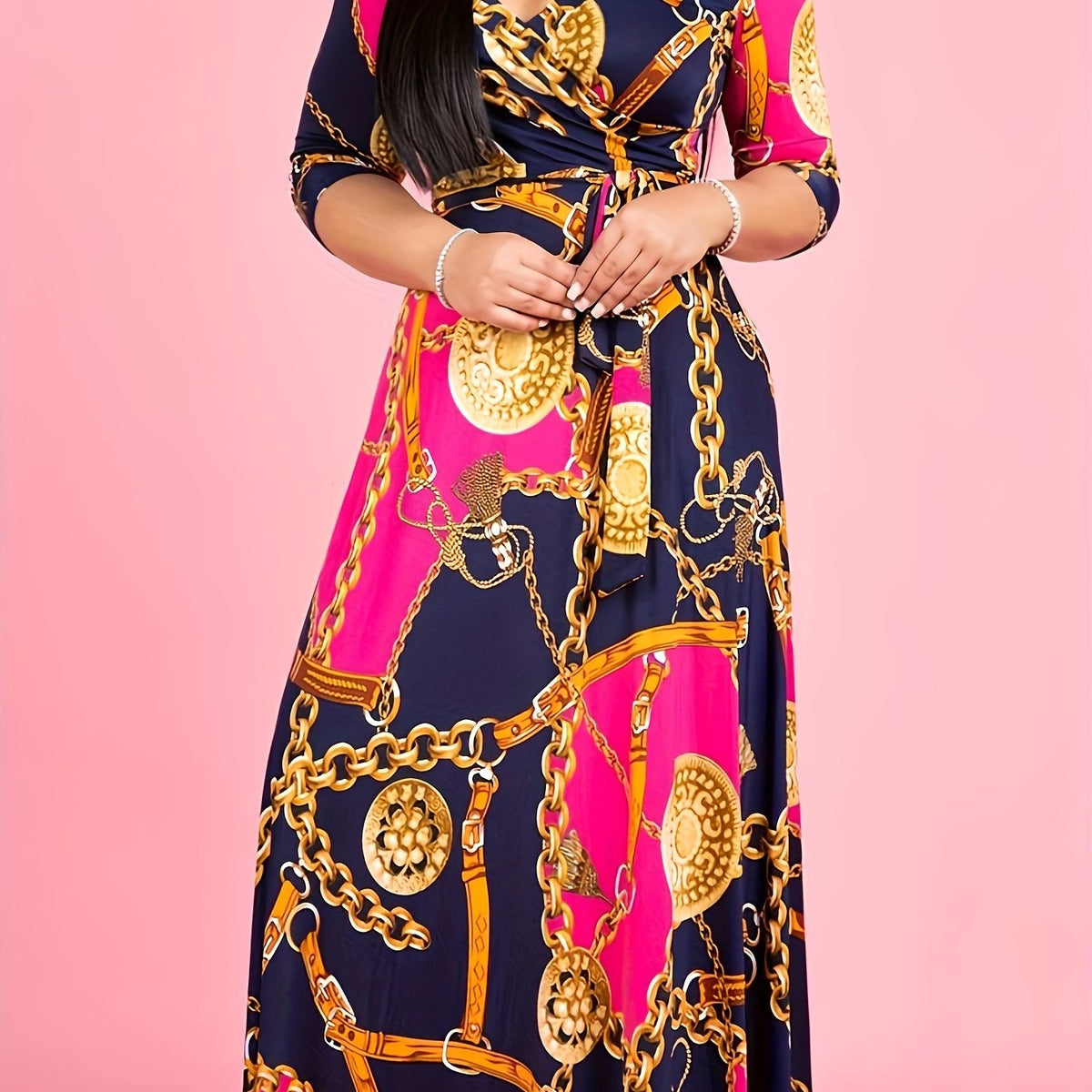Chain Print Half Sleeve Surplice Neck Maxi Dress With Belt