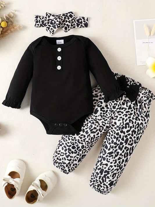 Baby Girl Long Sleeve Romper & Leopard Pant & Headband Set