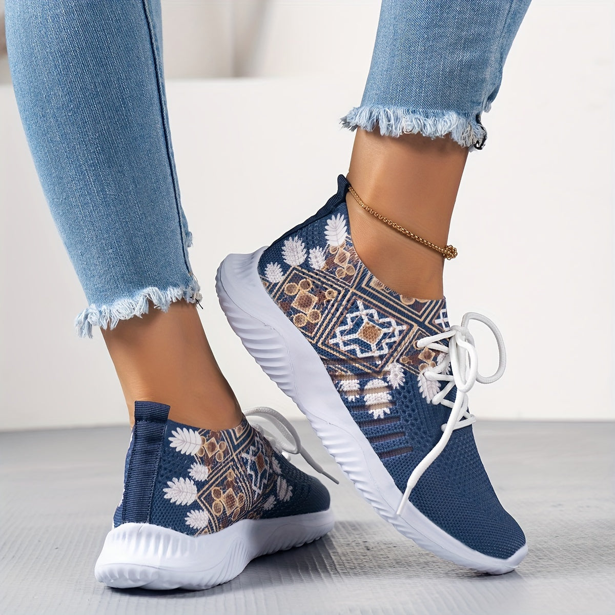 Ethnic Print Mesh Lightweight Flying Woven Shoes Casual Running Shoes